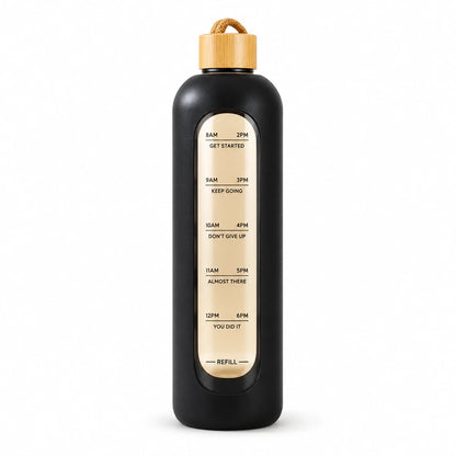 Dropfiltershop 32oz glass water bottle in black with bamboo lid, silicone sleeve and printed time markings