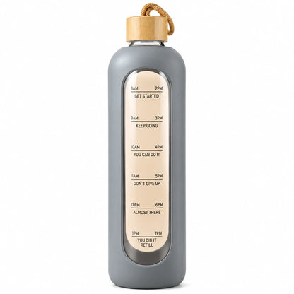 Gray Dropfiltershop glass water bottle with bamboo lid and printed time markers
