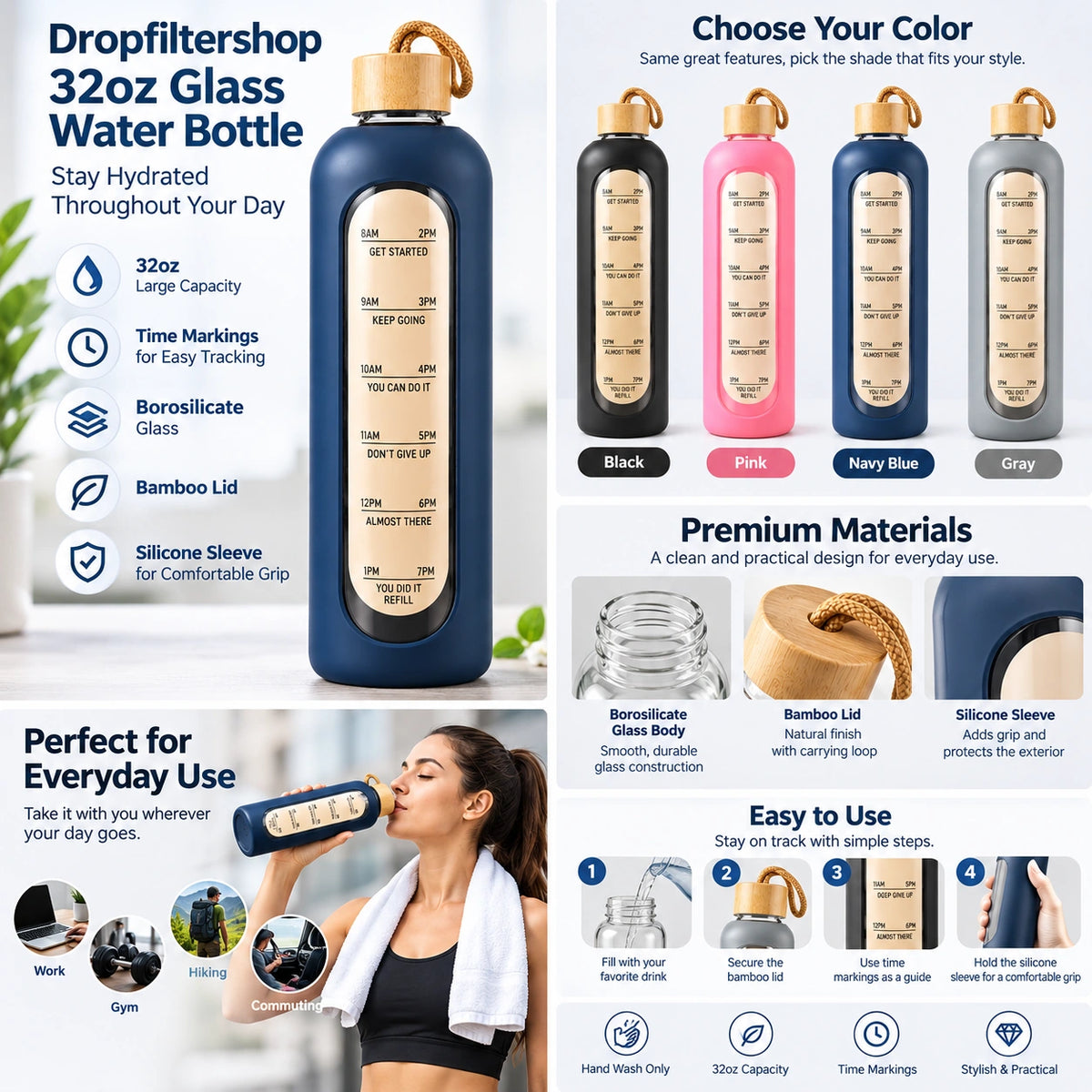 Dropfiltershop 32oz Glass Water Bottle, Bamboo Lid, Silicone Sleeve