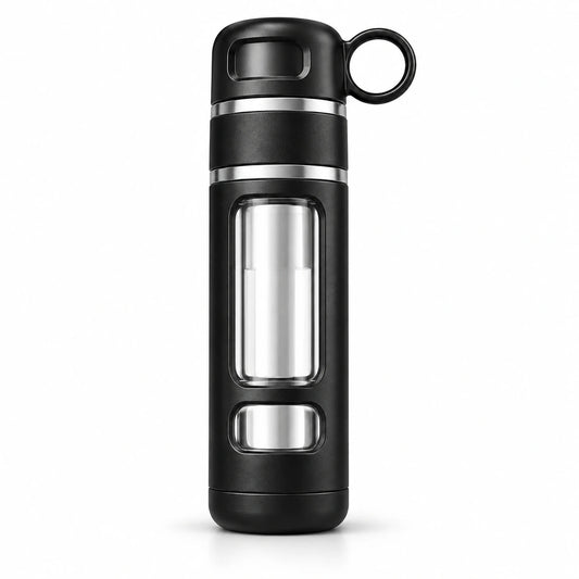 Dropfiltershop 520ml tea infuser bottle in black with transparent glass window and carrying loop.