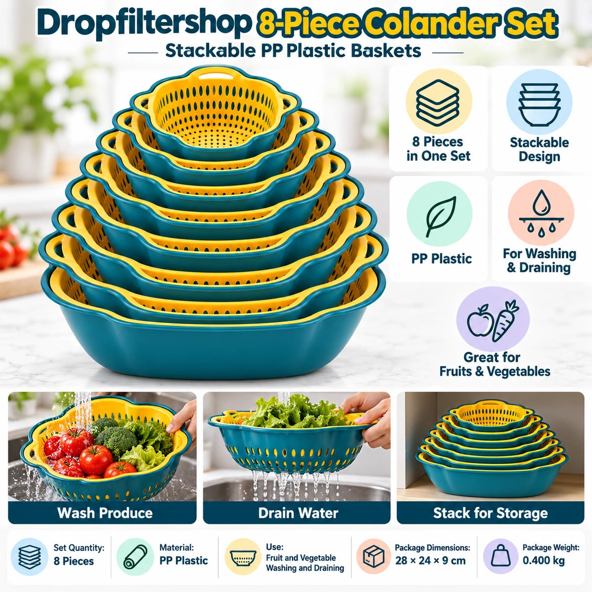 Dropfiltershop 8-piece colander set with stackable PP plastic drain baskets