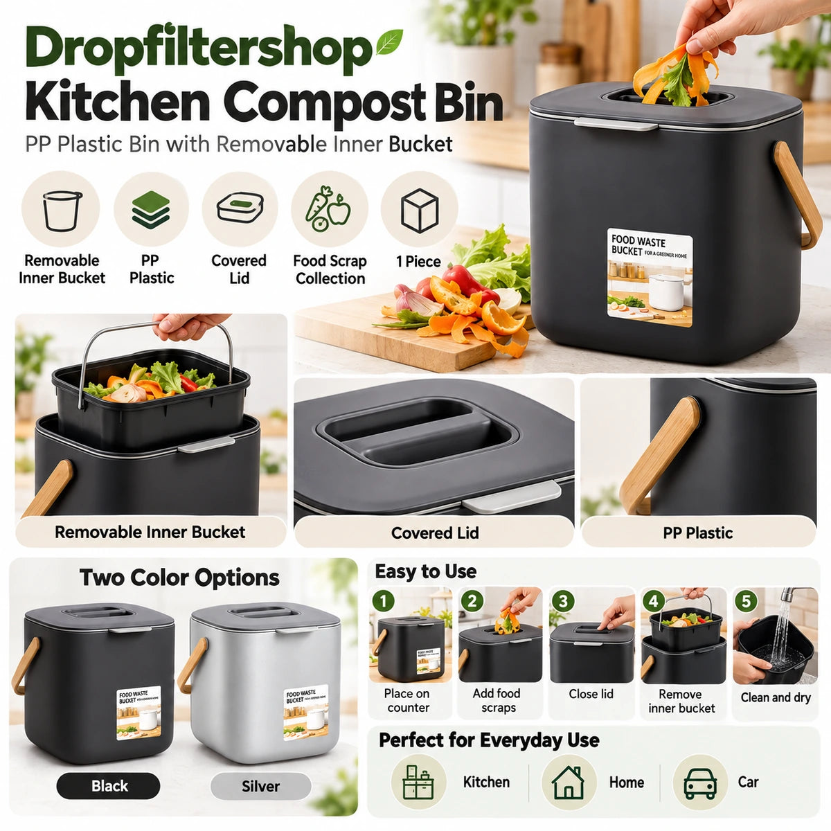 Dropfiltershop kitchen compost bin infographic showing food scrap collection, removable inner bucket, lid and Black and Silver color options