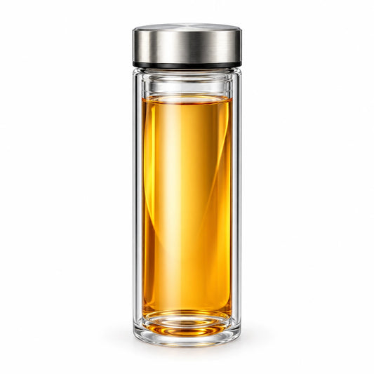 Dropfiltershop double-wall glass tea infuser bottle with silver lid and amber-colored tea on white background.
