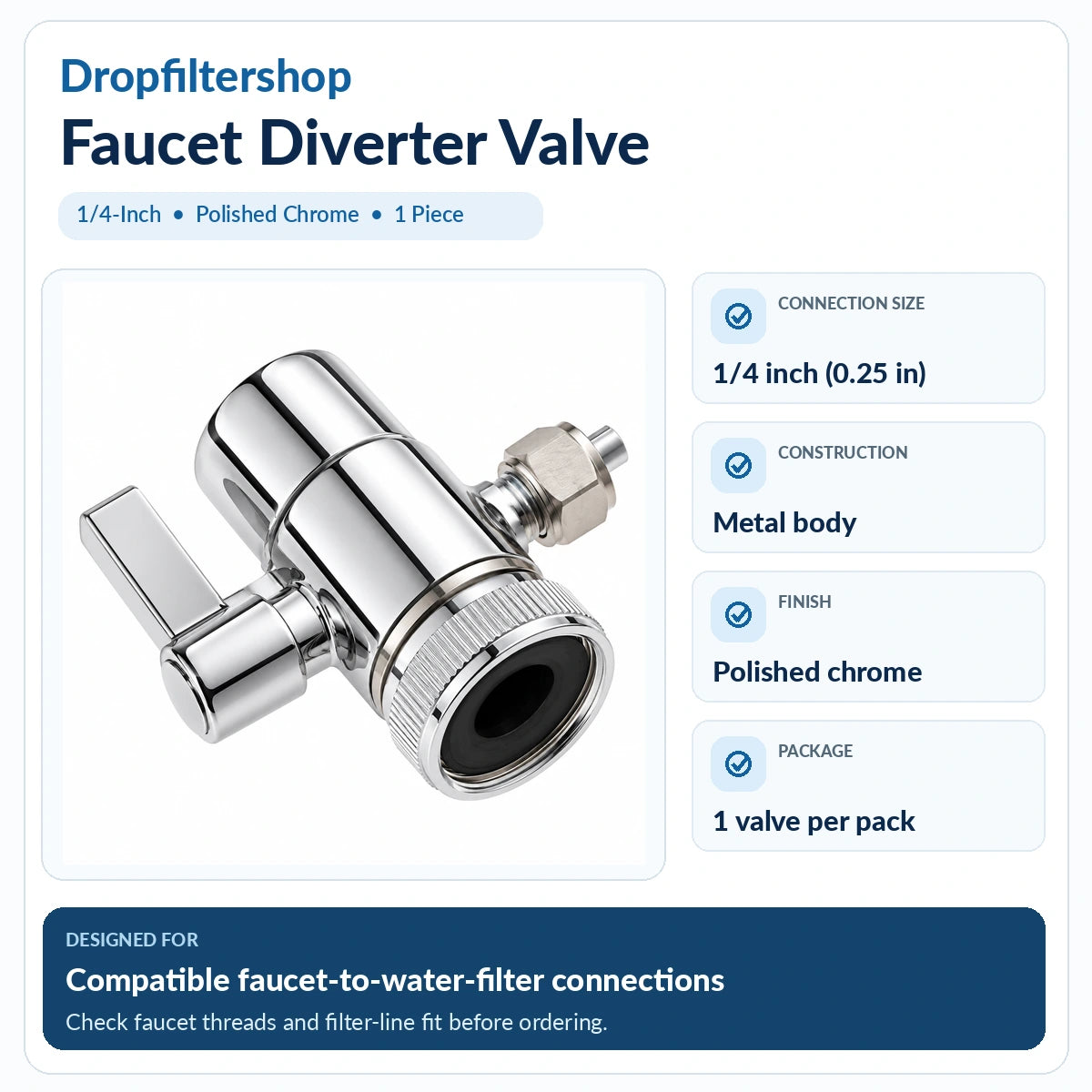 Dropfiltershop Faucet Diverter Valve, 1/4-Inch Chrome, 1-Piece