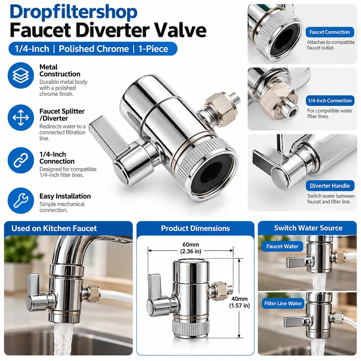 Dropfiltershop Faucet Diverter Valve, 1/4-Inch Chrome, 1-Piece