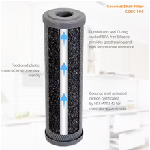 A cylindrical water filter cartridge with a dark gray top and bottom and a black-and-white speckled filter medium, shown with text callouts on a light background.