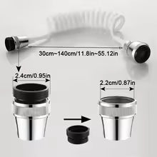 Stretchable shower hose with connectors and measurement details on a white background